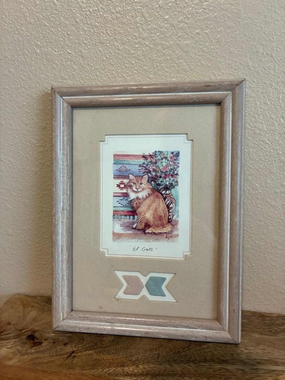 Vintage Framed "El Gato" Cat Art Print with Southwestern Blanket Background